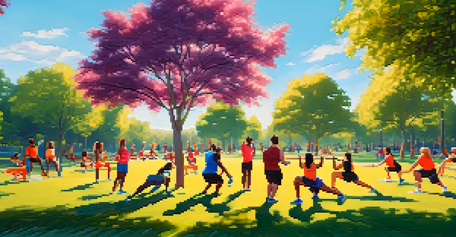 A diverse group of people participating in an outdoor fitness class in a park, performing exercises like squats and lunges under a bright blue sky.