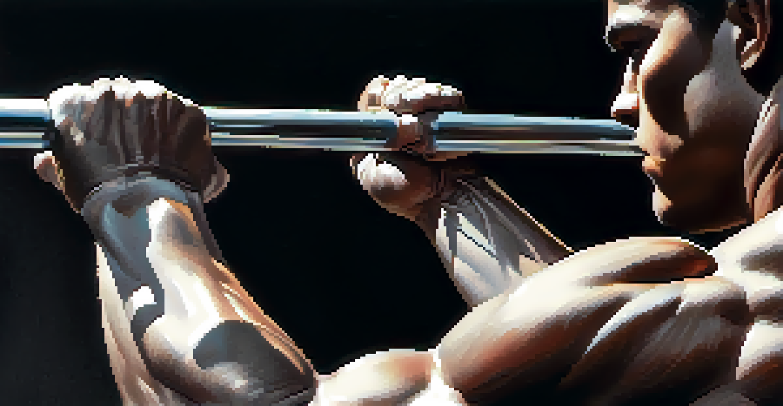 A close-up of a powerlifter's hands gripping a barbell with chalk dust, showing determination and focus, with a blurred background and dramatic lighting.