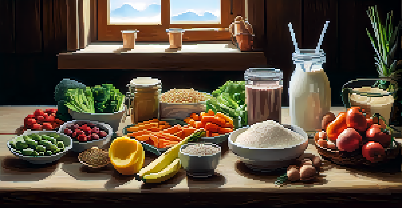 A colorful arrangement of healthy foods including lean meats, vegetables, and protein shakes on a wooden table.