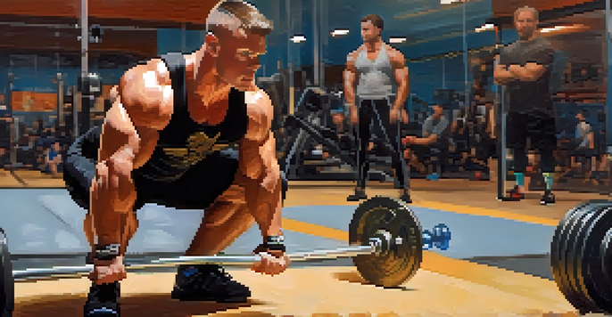 A powerlifter lifting a barbell in a gym, sweat on their forehead, with a water bottle on the floor.