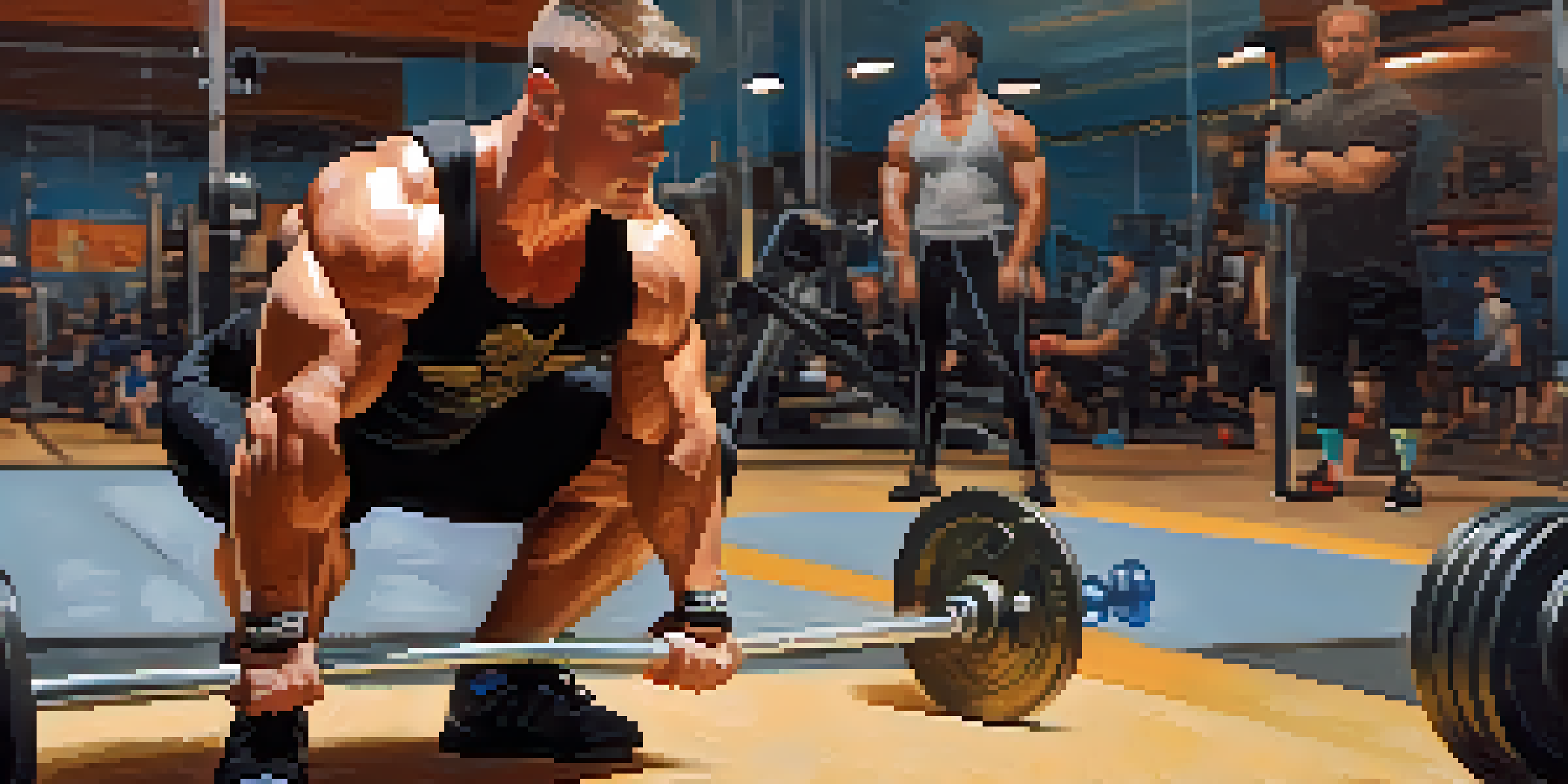 A powerlifter lifting a barbell in a gym, sweat on their forehead, with a water bottle on the floor.