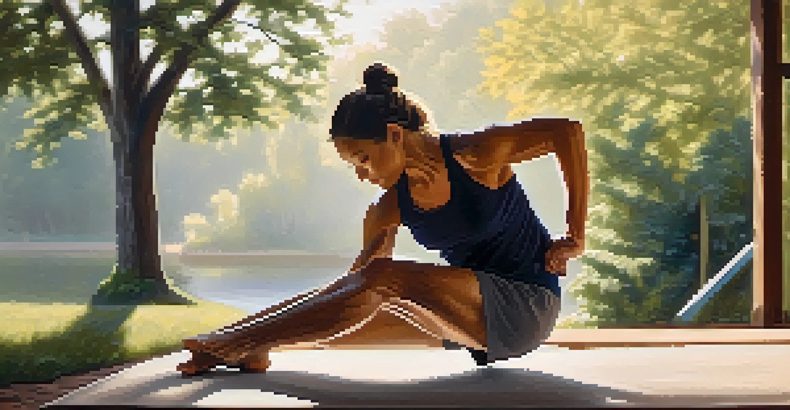 An individual performing dynamic stretches outdoors, emphasizing mobility work before a workout in a serene setting.