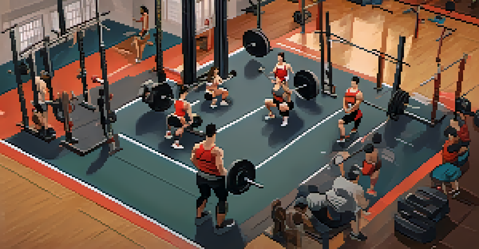 An overhead view of powerlifters training in a gym, showcasing different lifts and an energetic atmosphere.