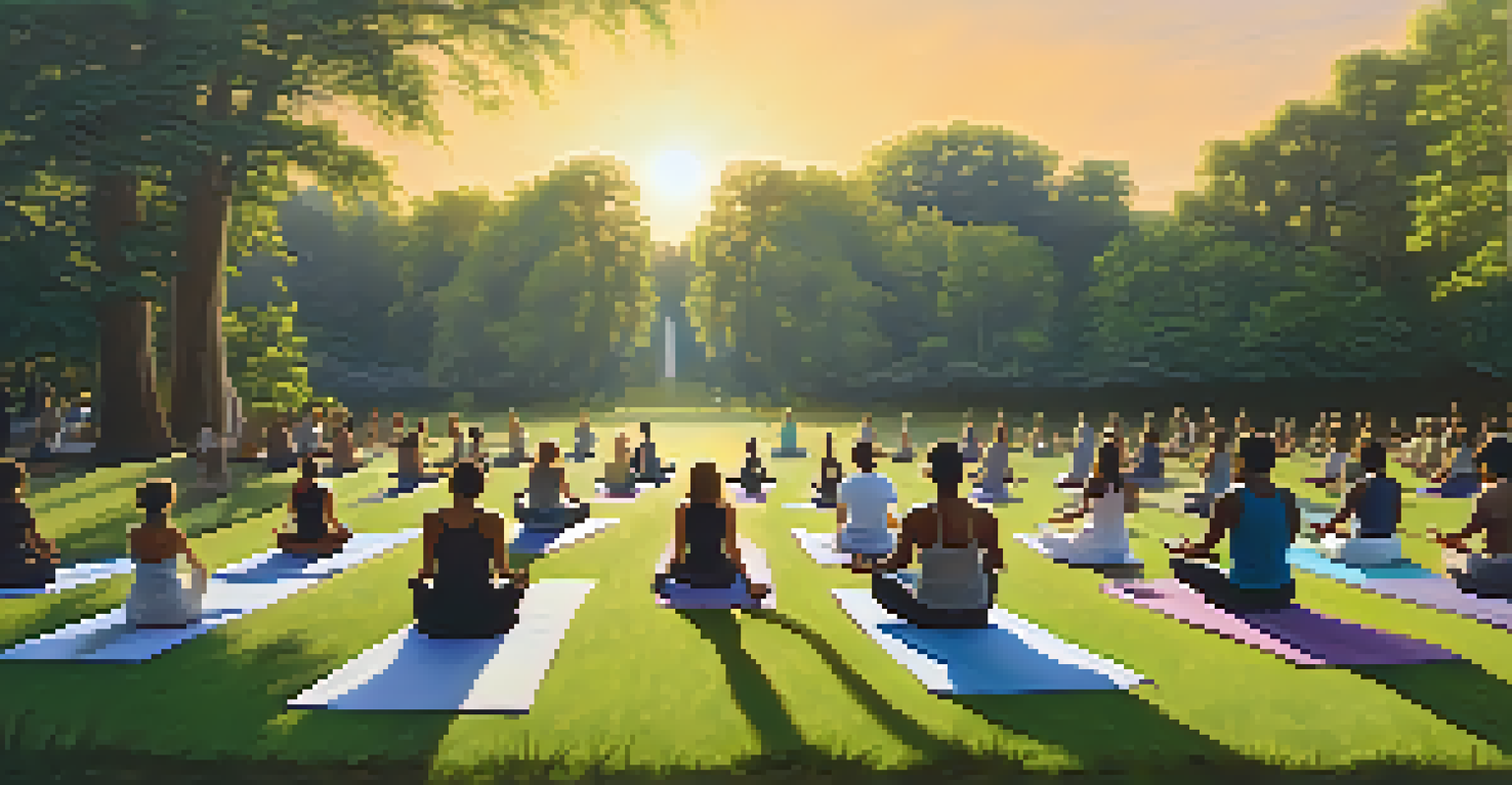 People practicing yoga in a serene park during sunset, with lush greenery surrounding them.