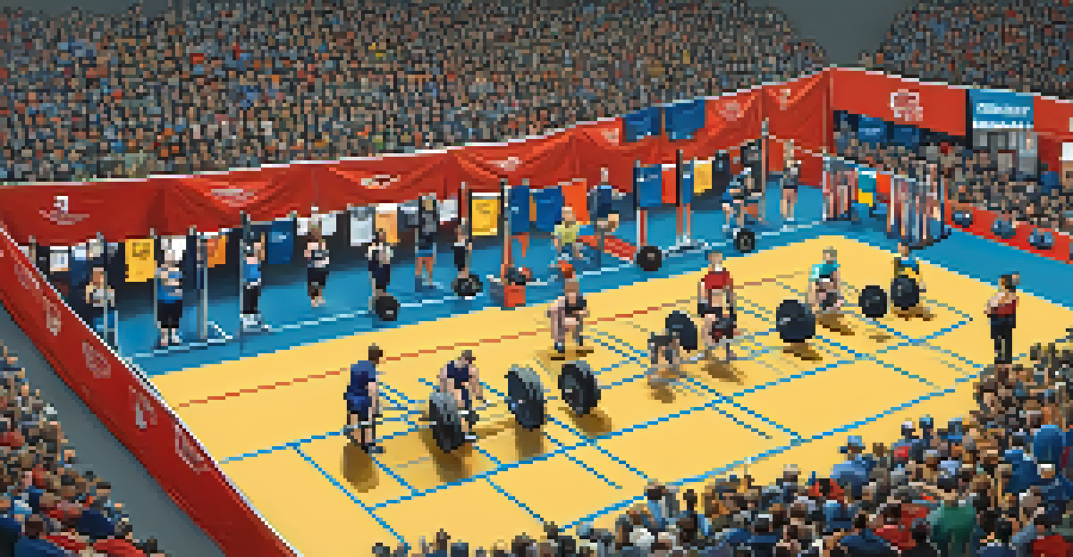 An aerial view of a lively powerlifting competition with multiple lifters performing various lifts and an engaged audience.