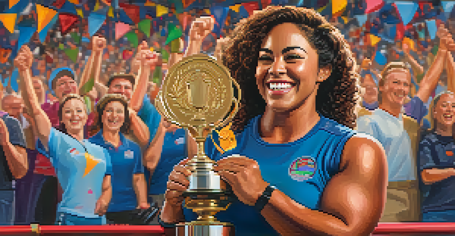 A female powerlifter holding a trophy, smiling proudly in front of a cheering crowd.