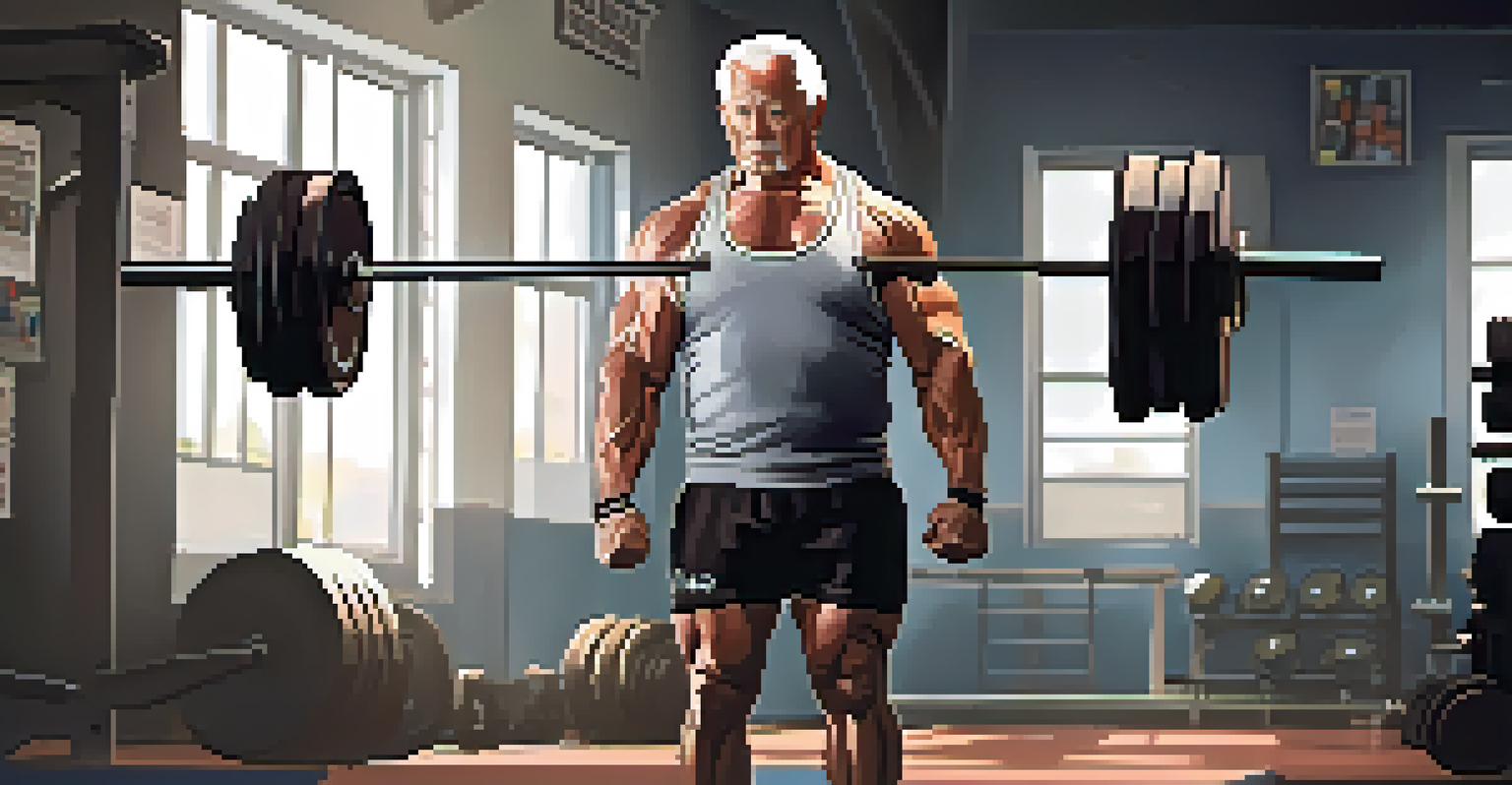 An older male powerlifter lifting weights in a gym with focused determination, surrounded by gym equipment and motivational posters.