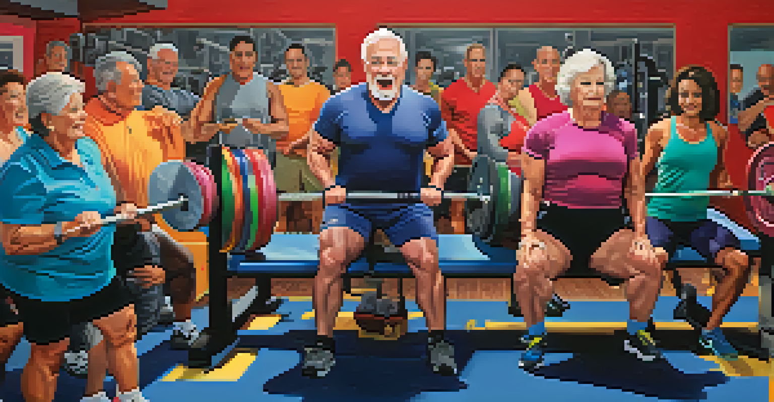 A group of older adults training in a gym, with a woman bench pressing and a coach assisting her, surrounded by supportive peers.