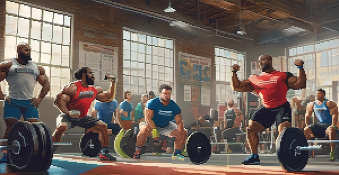 A diverse group of powerlifters supporting each other in a gym, showcasing teamwork and motivation.