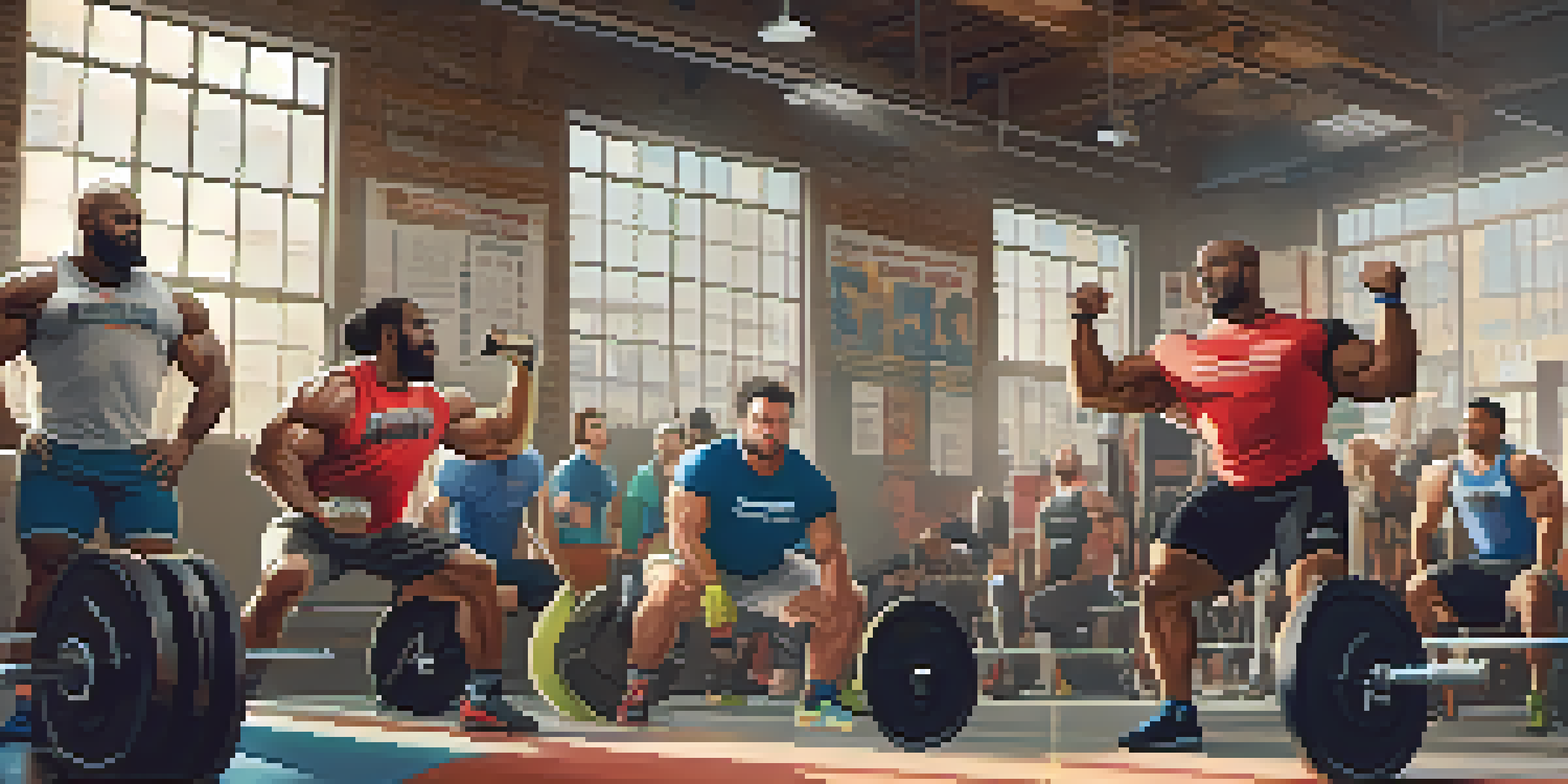 A diverse group of powerlifters supporting each other in a gym, showcasing teamwork and motivation.