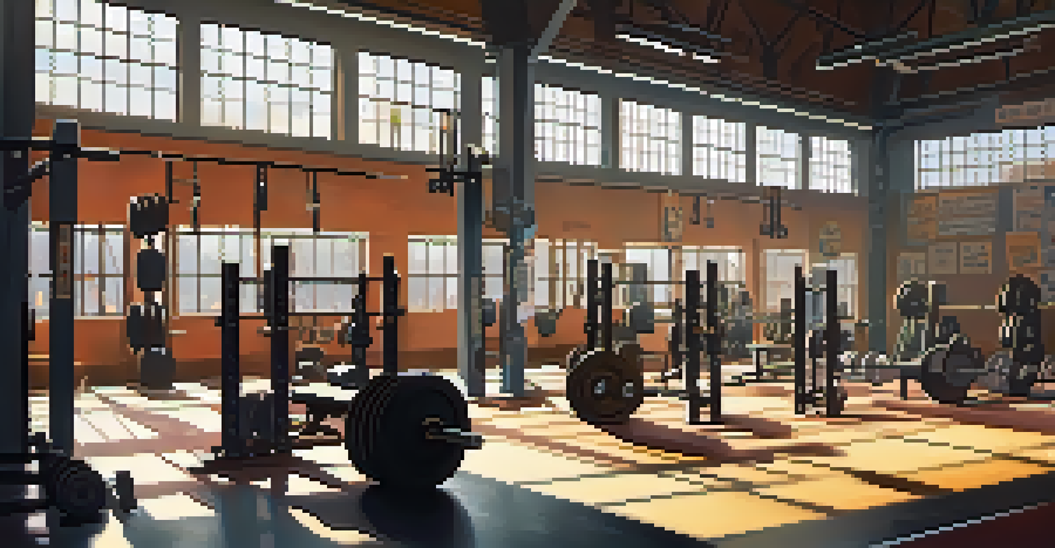 Interior of a powerlifting gym with diverse lifters training, sunlight streaming through windows, and motivational decor on the walls.