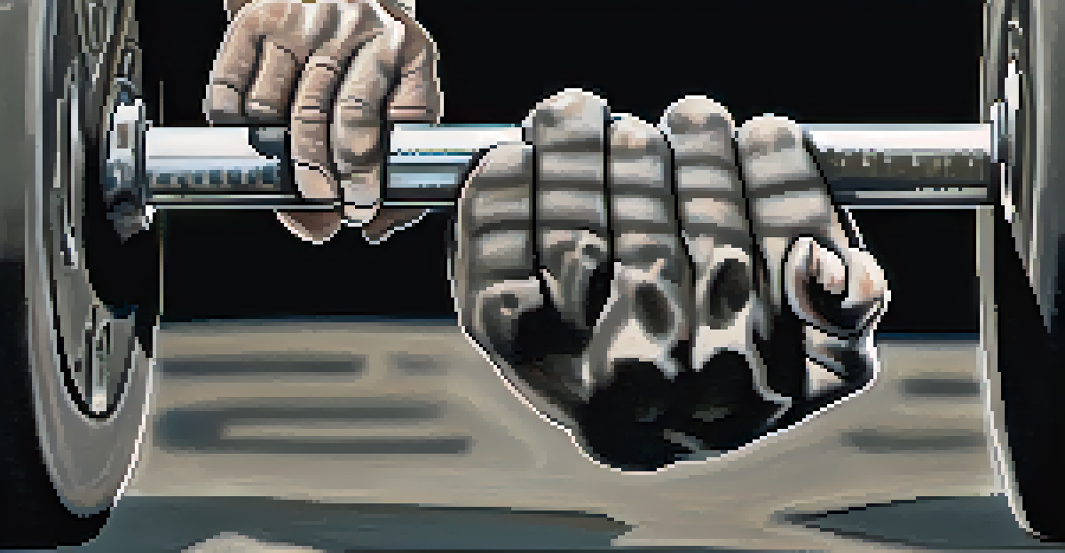 Close-up of a powerlifter's hands gripping a barbell, with chalk dust in the air.