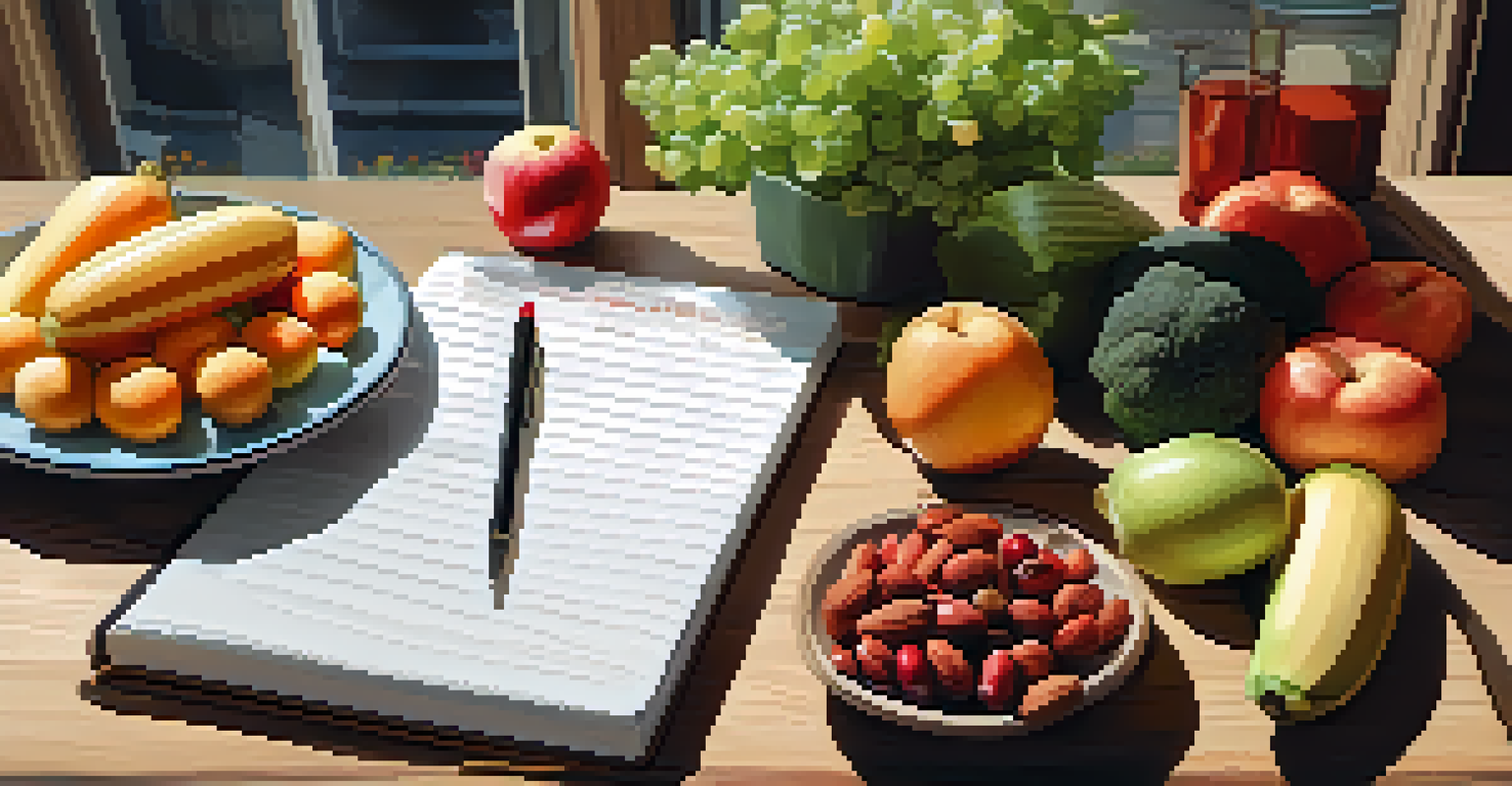 A close-up of nutritious foods like fruits, vegetables, nuts, and lean proteins on a wooden table, with sunlight enhancing the textures and colors, and a notebook nearby.