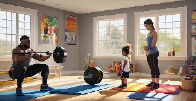 A family working out together in a bright home gym, showcasing a child with resistance bands and a parent squatting, with weights and exercise mats in the background.