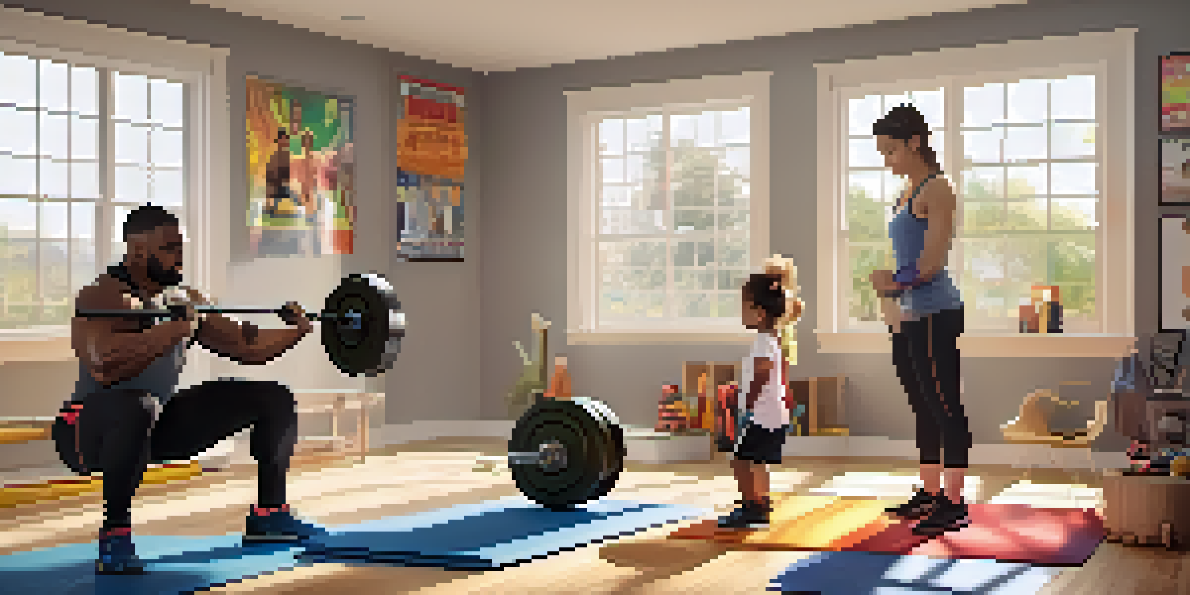 A family working out together in a bright home gym, showcasing a child with resistance bands and a parent squatting, with weights and exercise mats in the background.