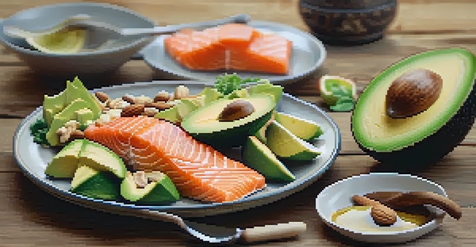 A plate filled with avocado, nuts, and salmon on a wooden table, with a soft-focus kitchen in the background.