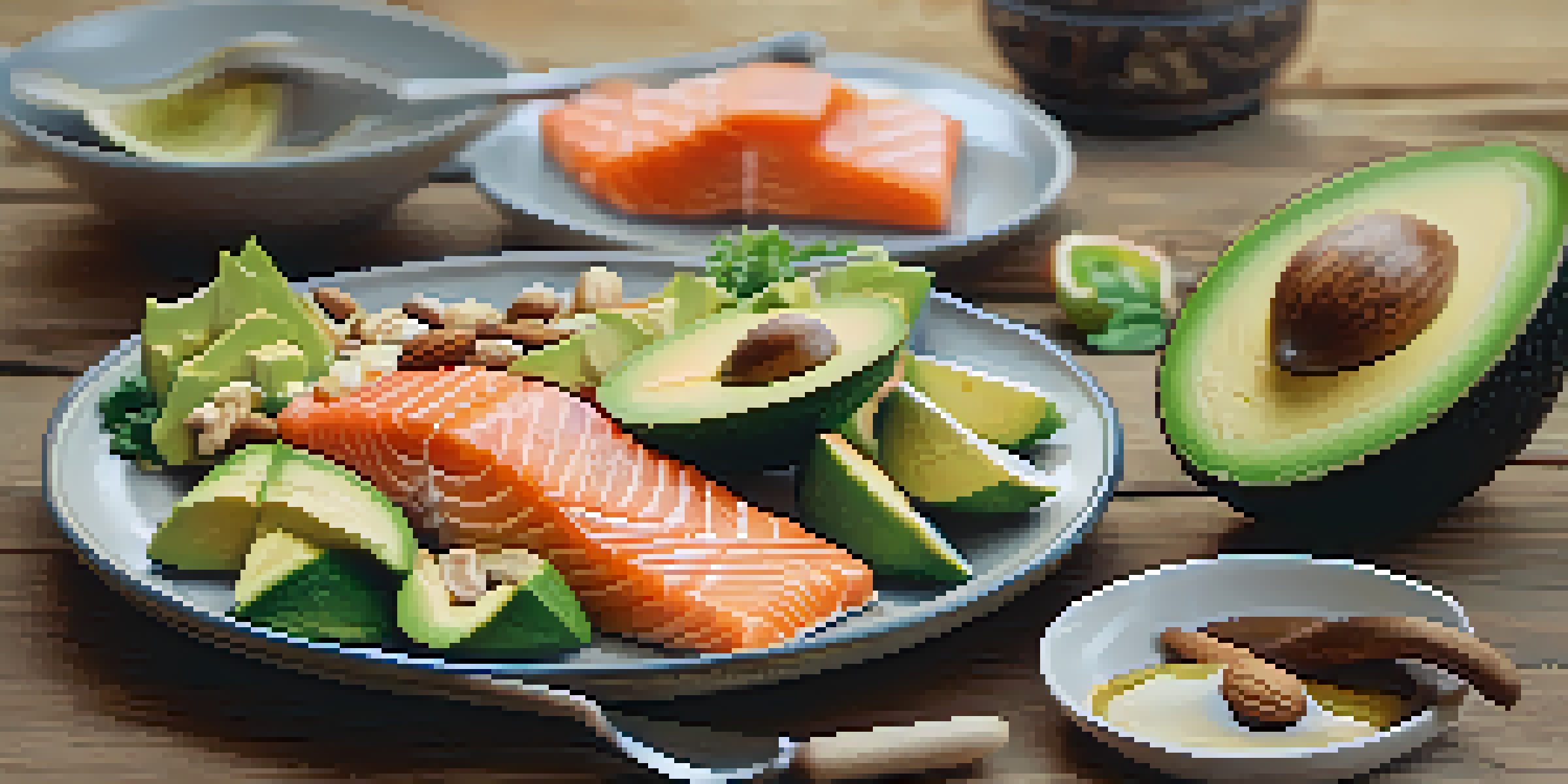 A plate filled with avocado, nuts, and salmon on a wooden table, with a soft-focus kitchen in the background.