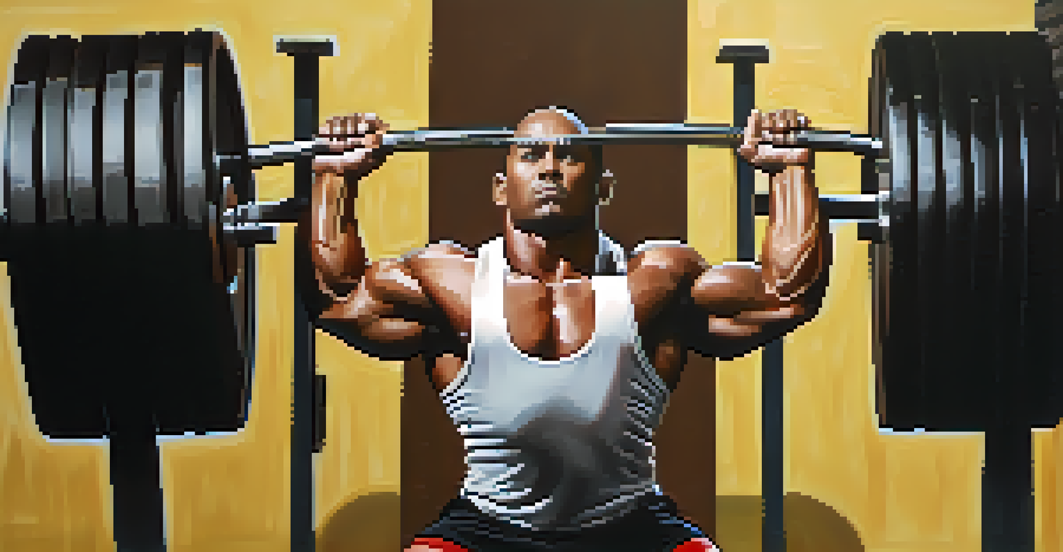 Close-up of a powerlifter's hands gripping a barbell, showing intense concentration and loaded weights in a softly lit background.