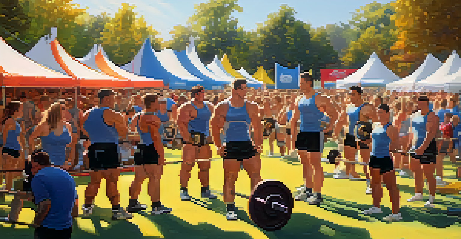 An outdoor powerlifting competition venue with athletes warming up and an excited crowd in the background.