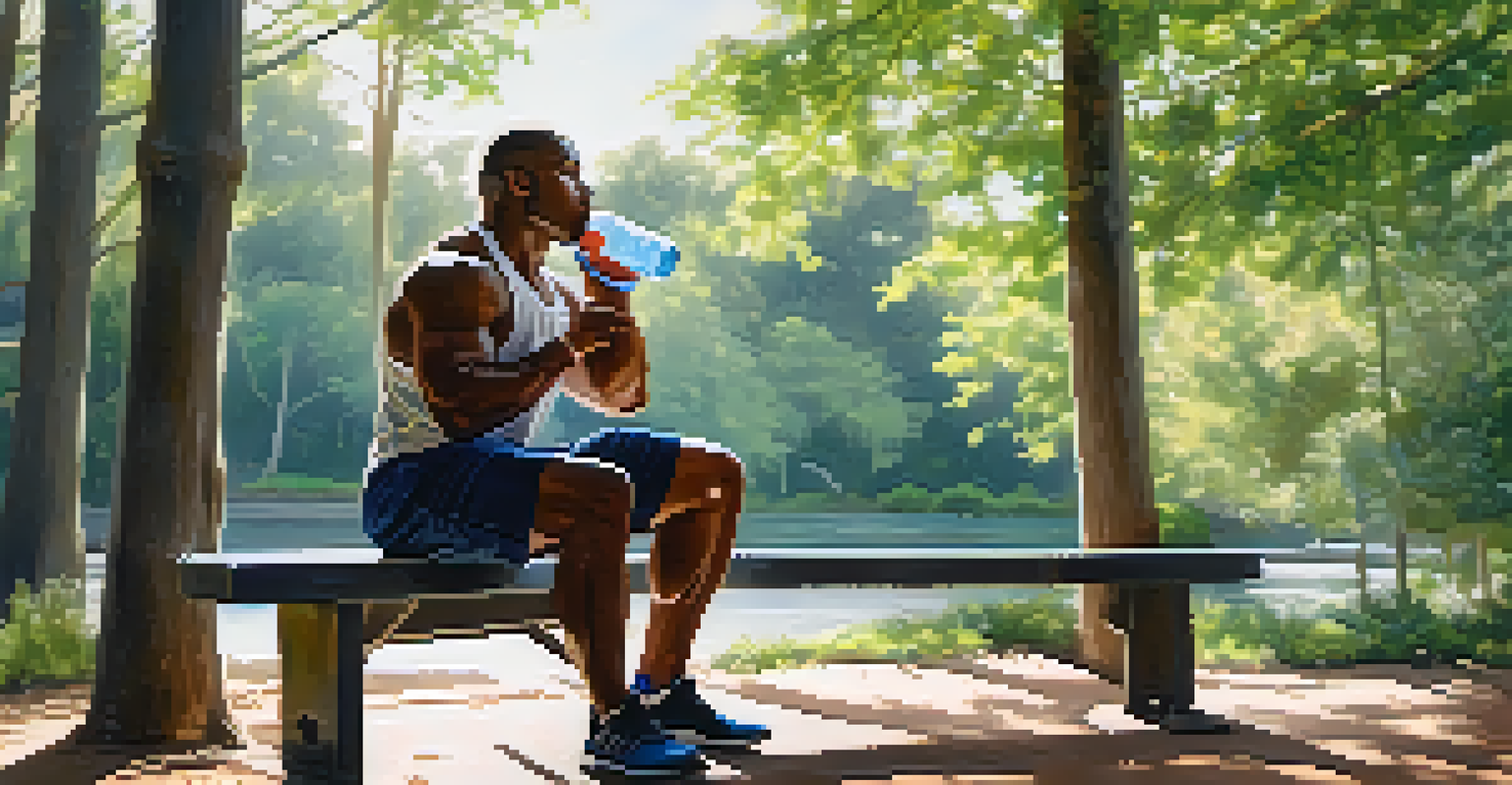 A powerlifter sitting on a bench, sipping water in an outdoor gym surrounded by greenery.