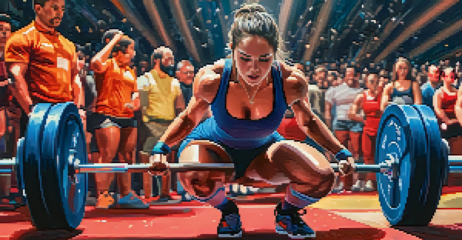 A female athlete performing a deadlift at a powerlifting competition, with an enthusiastic crowd cheering in the background.