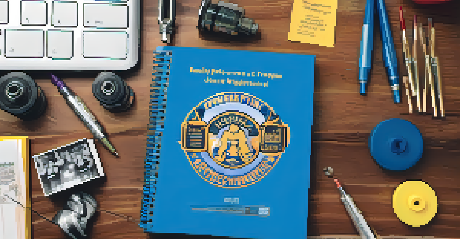 A close-up of a family powerlifting journal with entries about achievements, surrounded by photos and colorful markers.