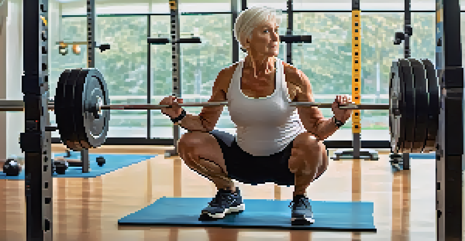 A senior woman practicing squats with a coach in a gym, focusing on proper form and technique.