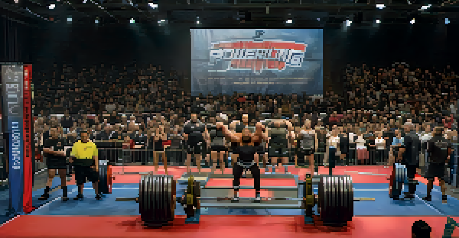 An overhead view of a powerlifting competition with lifters on the platform and judges observing, capturing the excitement of the event.