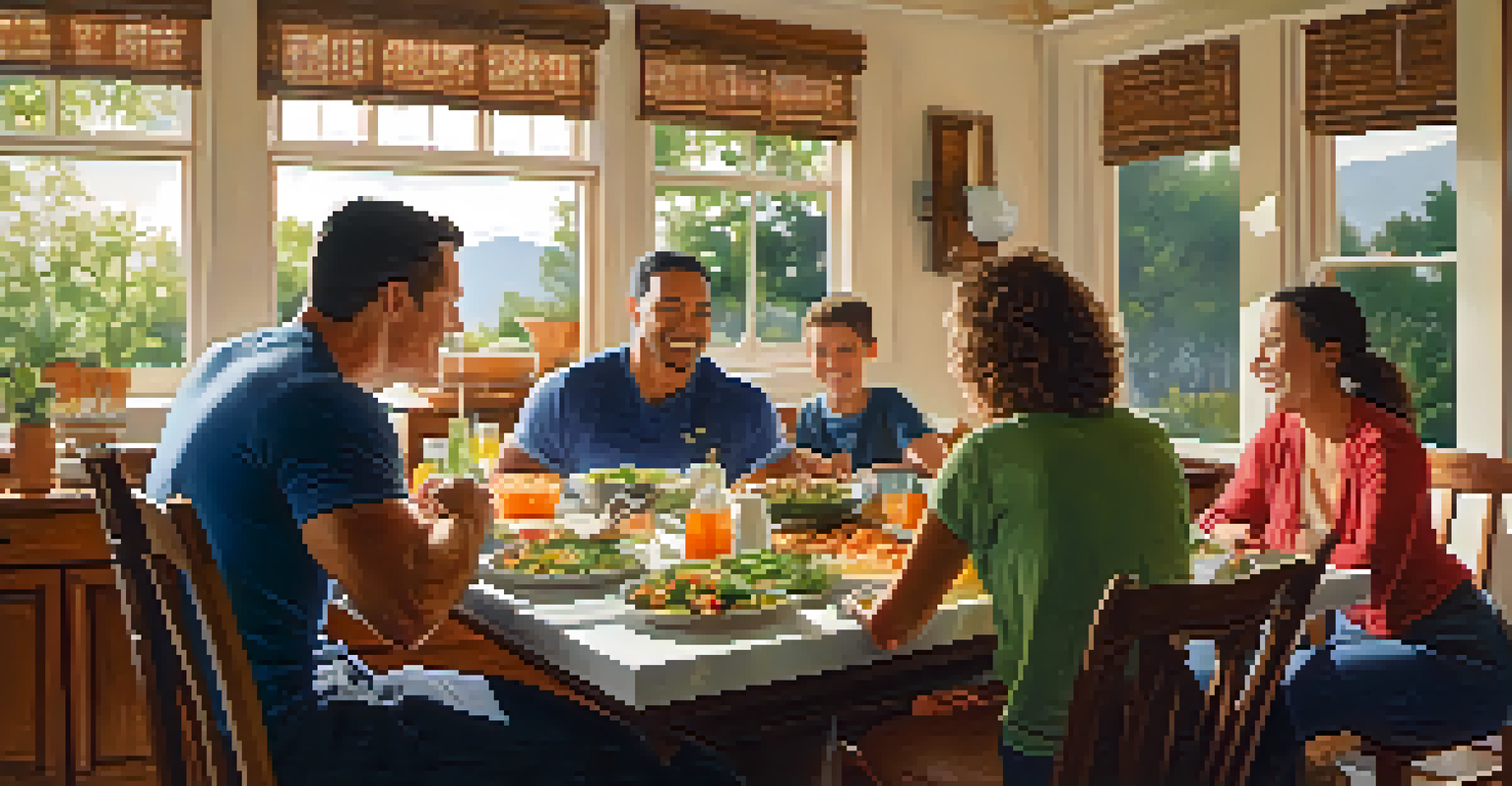 A powerlifter sharing a healthy meal with family at a dining table, everyone is engaged and smiling.