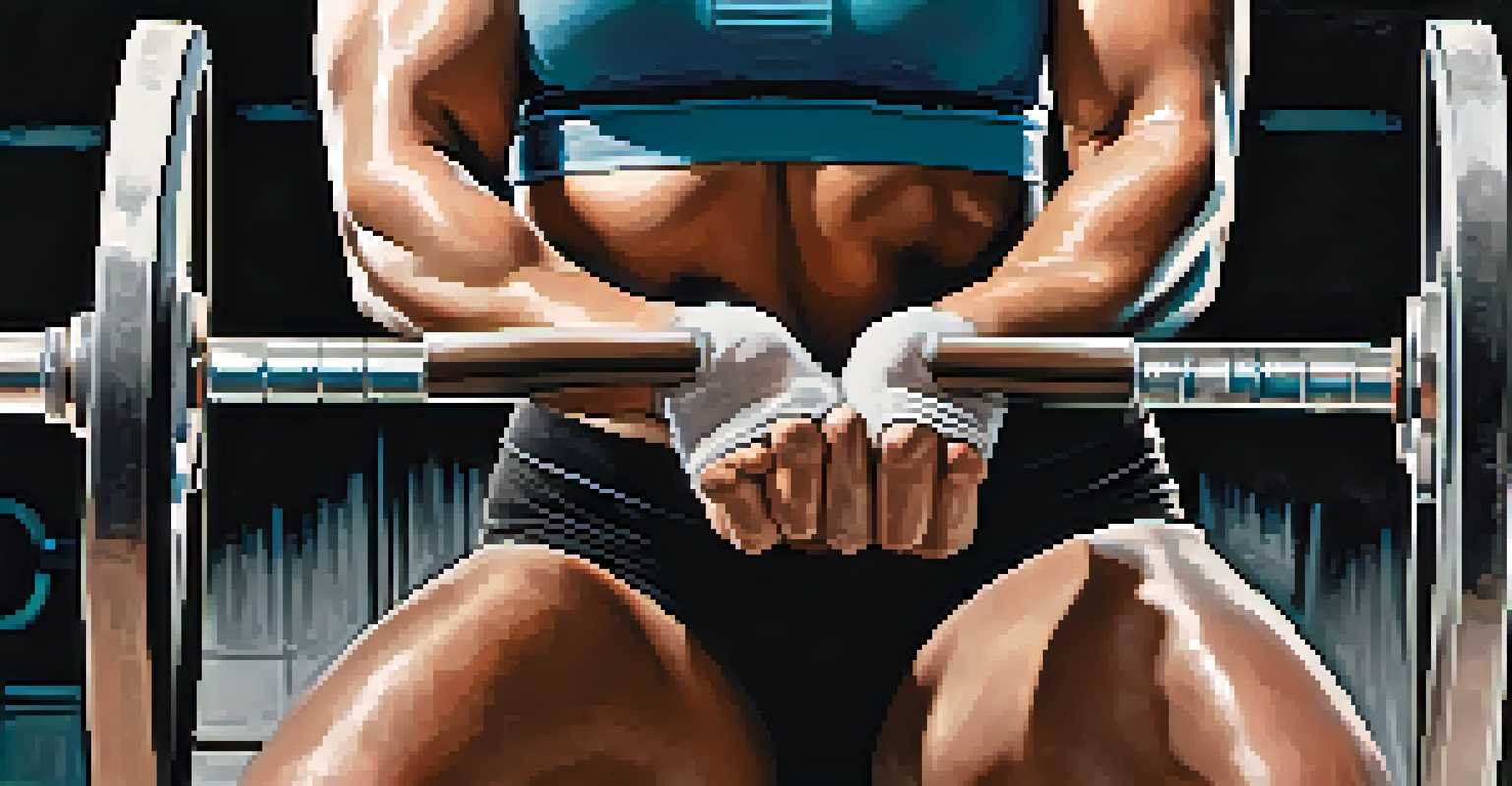 Close-up of a female powerlifter's hands gripping a barbell, highlighting the strength and determination.