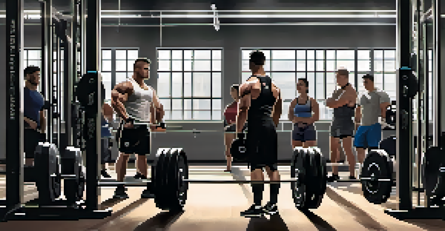 A group of powerlifters training together in a gym, supporting and encouraging each other in their lifts.