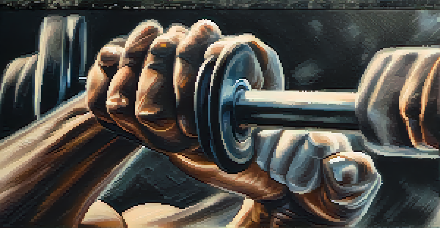 A close-up of a powerlifter's chalked hands gripping a barbell, emphasizing focus and preparation.