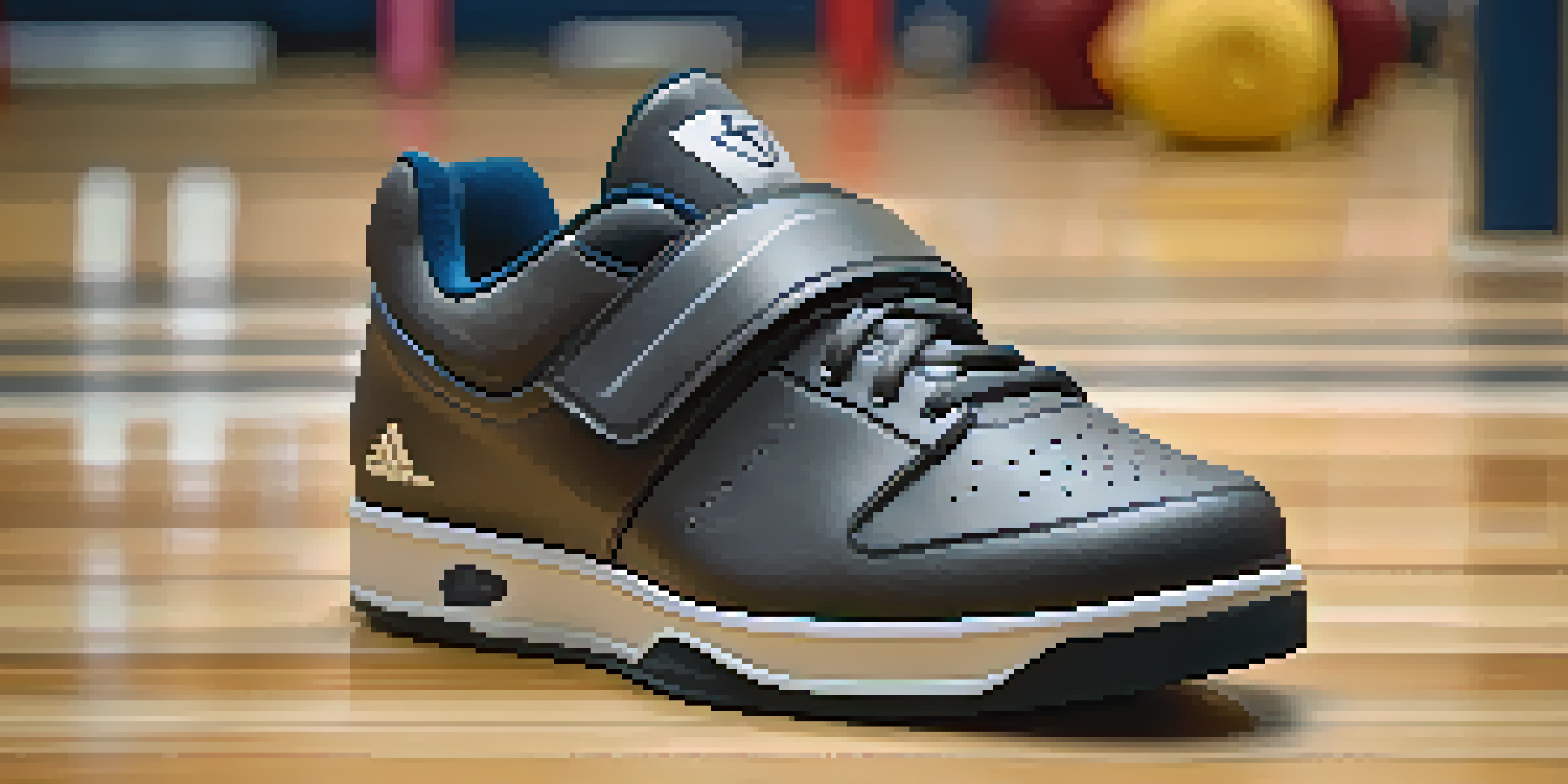 A close-up view of powerlifting shoes on a gym floor, showcasing their design and materials.