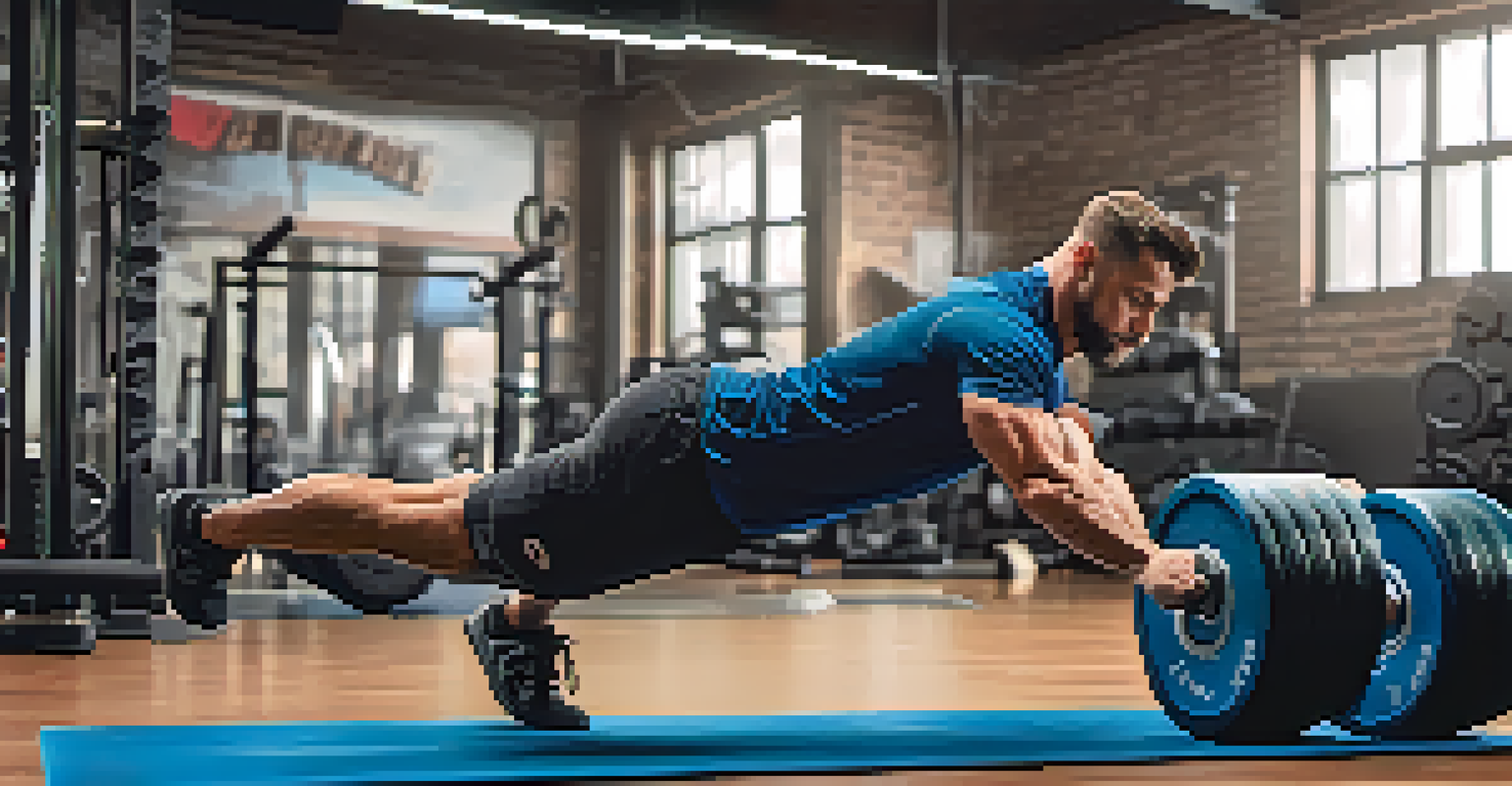 A powerlifter using a foam roller on their hamstrings in a gym, showcasing focus and the texture of the foam roller.