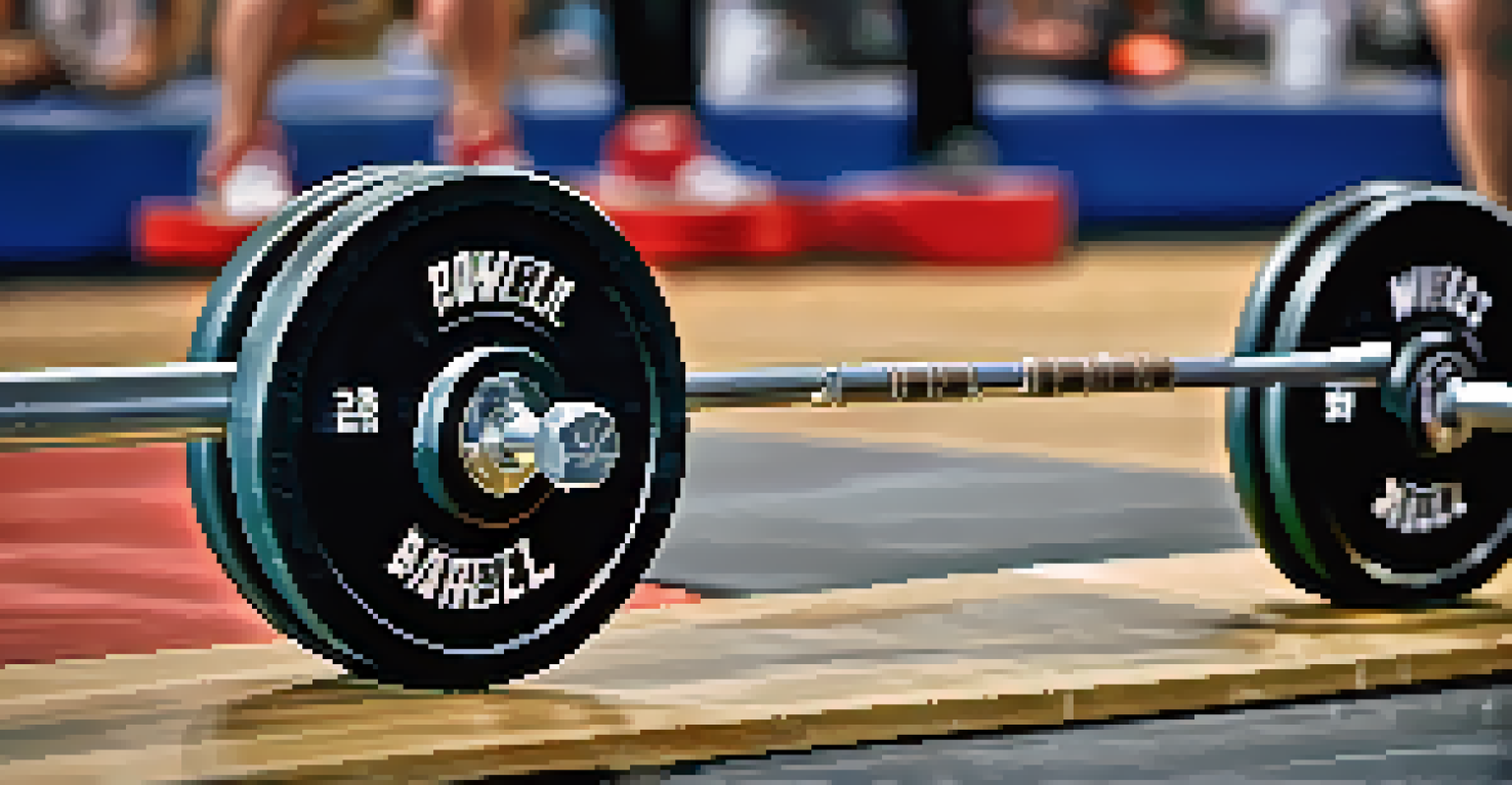 A close-up of a loaded powerlifting barbell in a gym, showcasing the intensity of the competition with blurred cheering fans in the background.