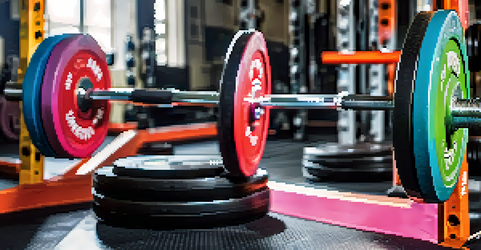 A close-up of a powerlifting barbell with colorful weight plates on a squat rack, illuminated by soft natural light.