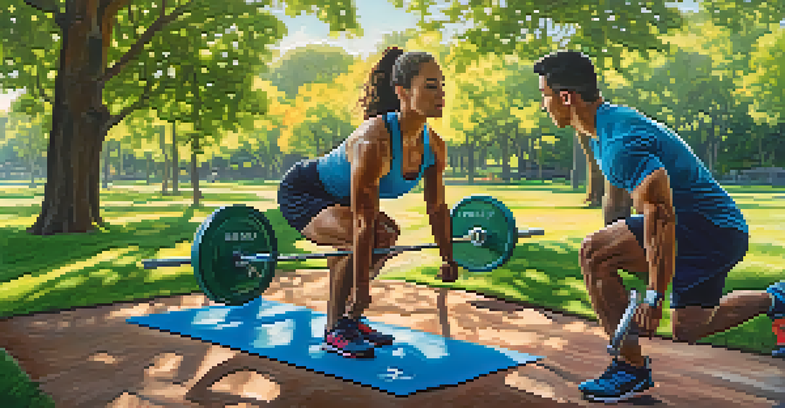 A runner in bright athletic gear training outdoors with a barbell on their shoulders, set against a scenic park background.