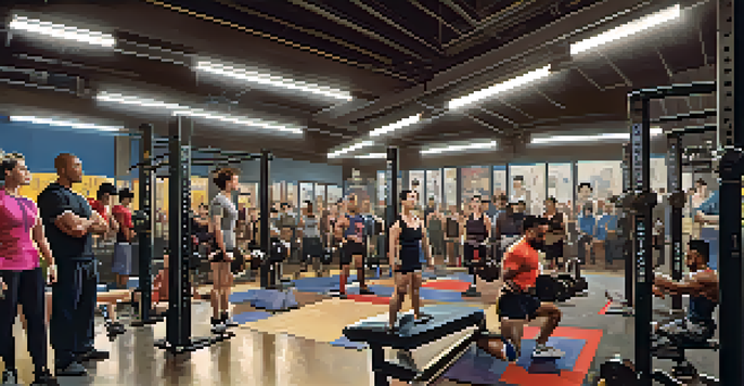 A diverse group of athletes warming up in a powerlifting gym, performing dynamic stretches under bright overhead lights.