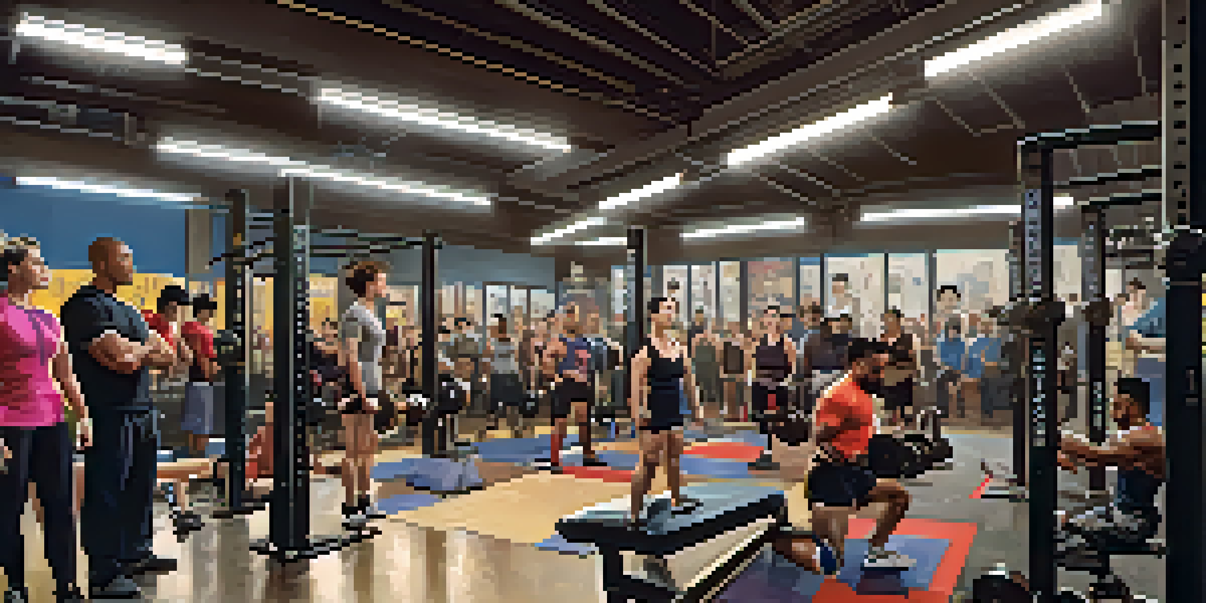 A diverse group of athletes warming up in a powerlifting gym, performing dynamic stretches under bright overhead lights.