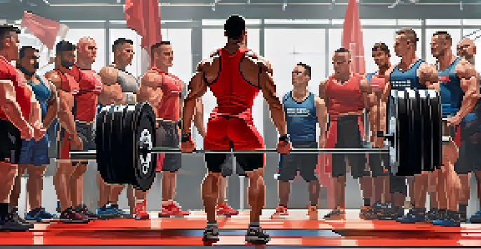 A powerlifting competition with athletes, judges, and a cheering crowd, highlighting a lifter in a red singlet squatting with a barbell.