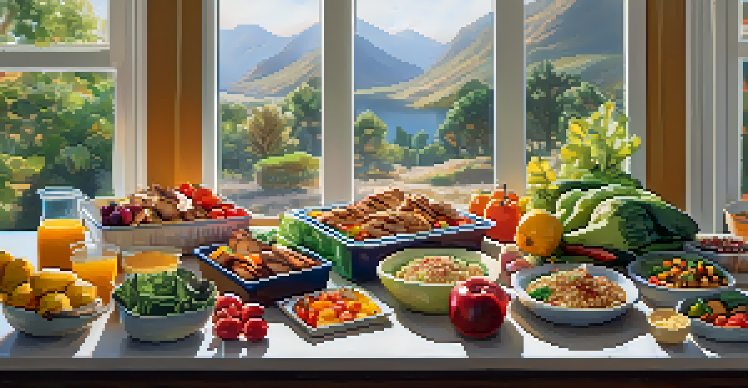 A table with various meal prep containers filled with grilled chicken, quinoa, roasted vegetables, and fruits under natural light.