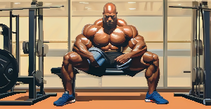 A powerlifter resting on a bench with a towel on their forehead in a gym filled with weights and equipment, illuminated by soft lighting.