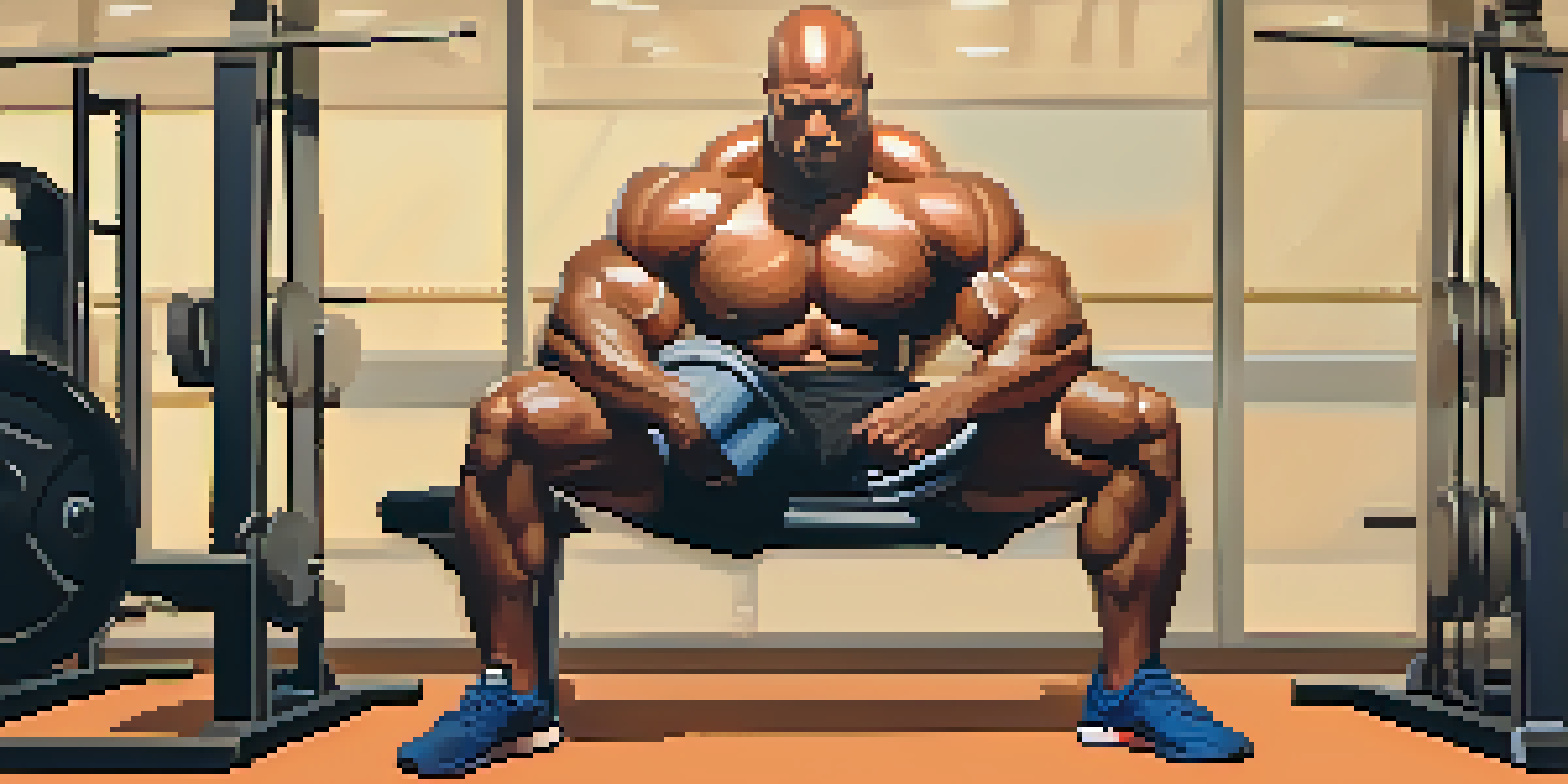 A powerlifter resting on a bench with a towel on their forehead in a gym filled with weights and equipment, illuminated by soft lighting.