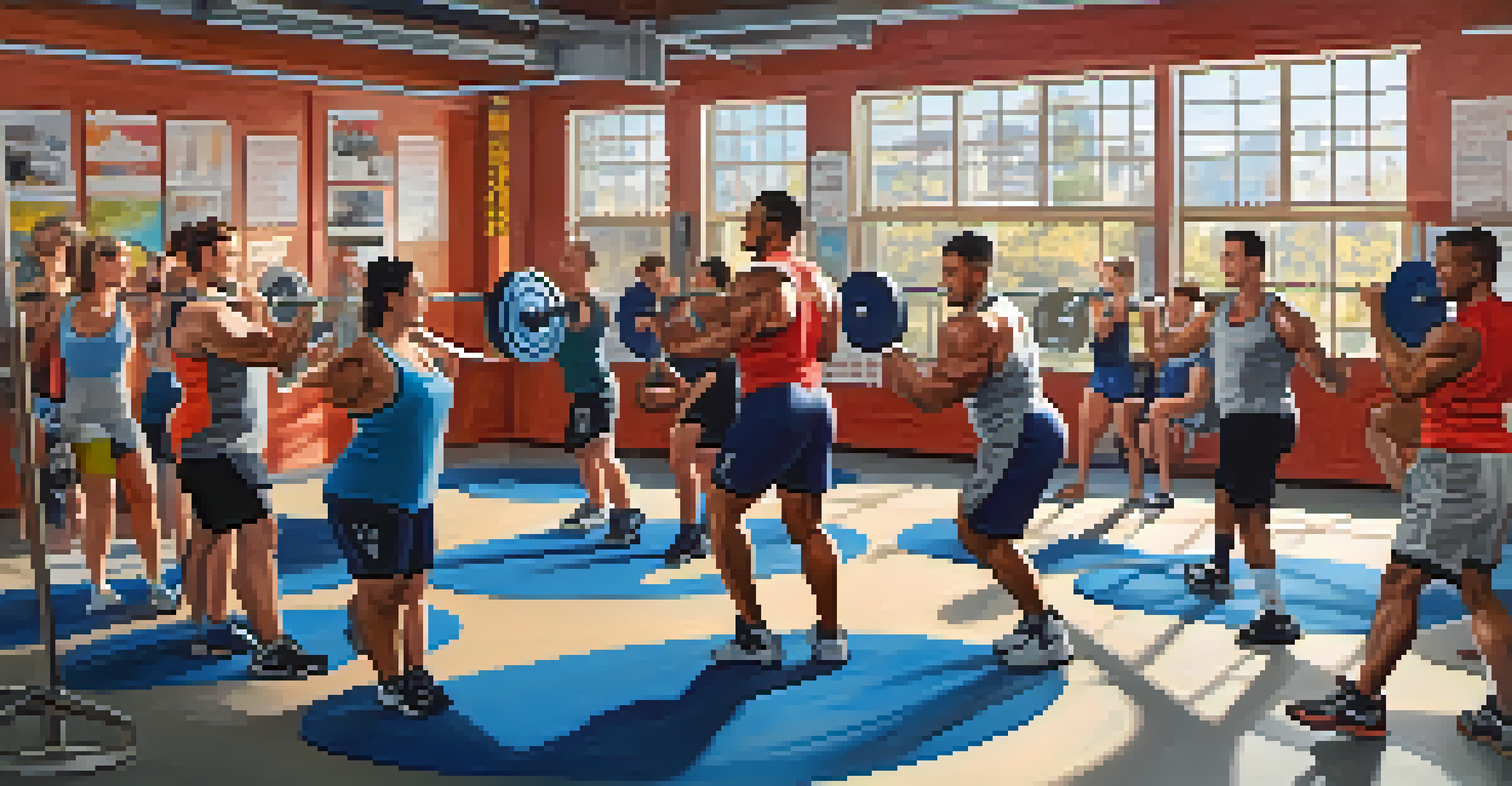 A group of powerlifters warming up with dynamic stretches in a bright gym, radiating teamwork and motivation.