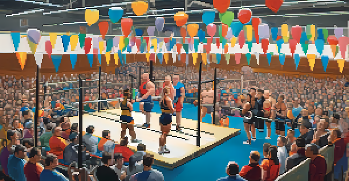 A lively charity powerlifting competition in a gym, featuring participants lifting weights and an engaged audience.