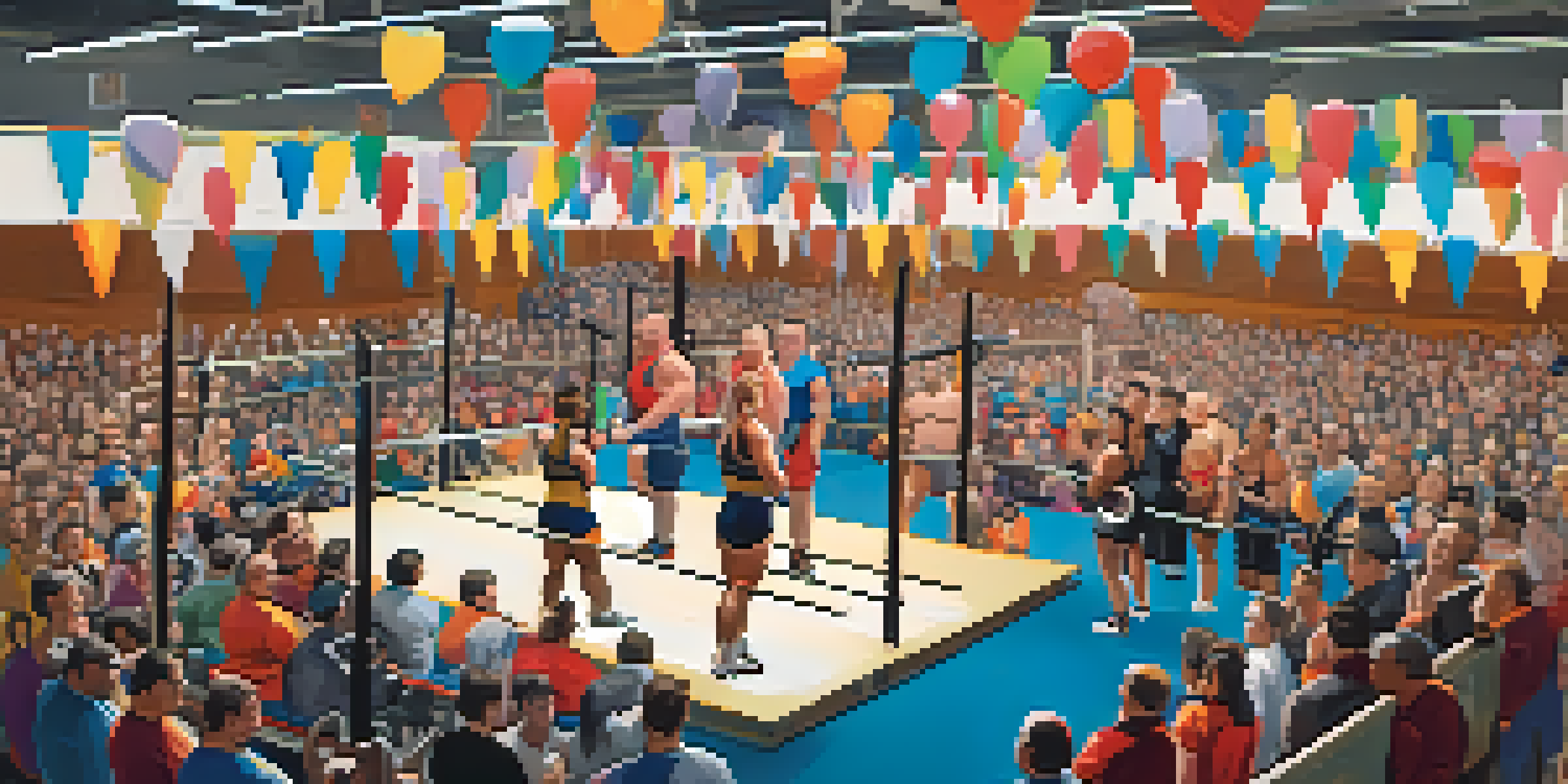 A lively charity powerlifting competition in a gym, featuring participants lifting weights and an engaged audience.