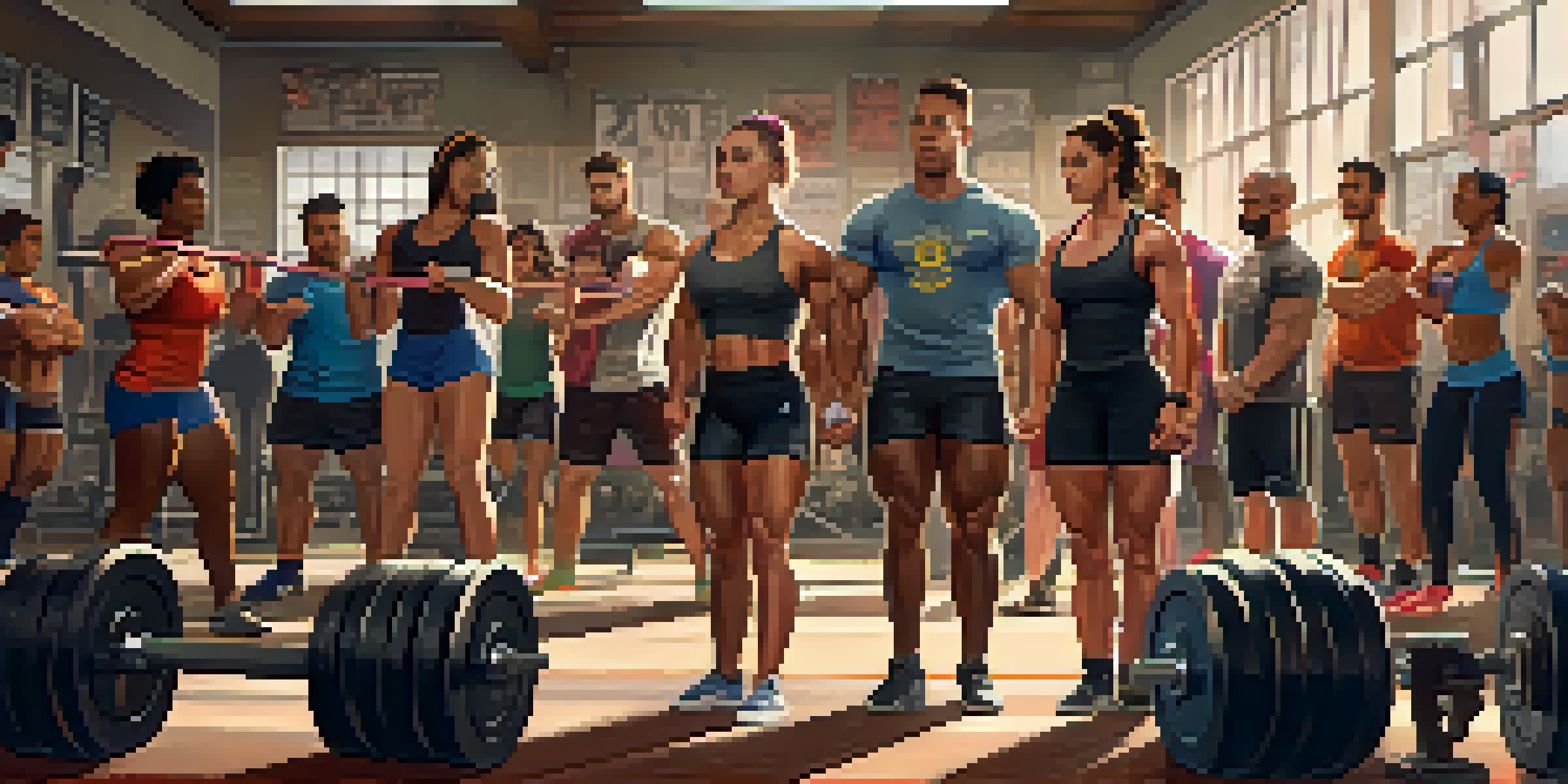 A diverse group of individuals in a gym, with a strong female lifter performing a squat while friends cheer her on, creating a supportive environment.