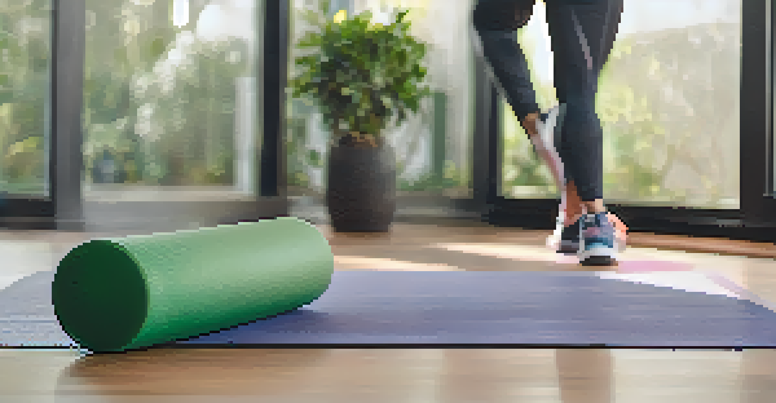 A foam roller and stability ball on a yoga mat with training shoes nearby, in a serene indoor workout space.