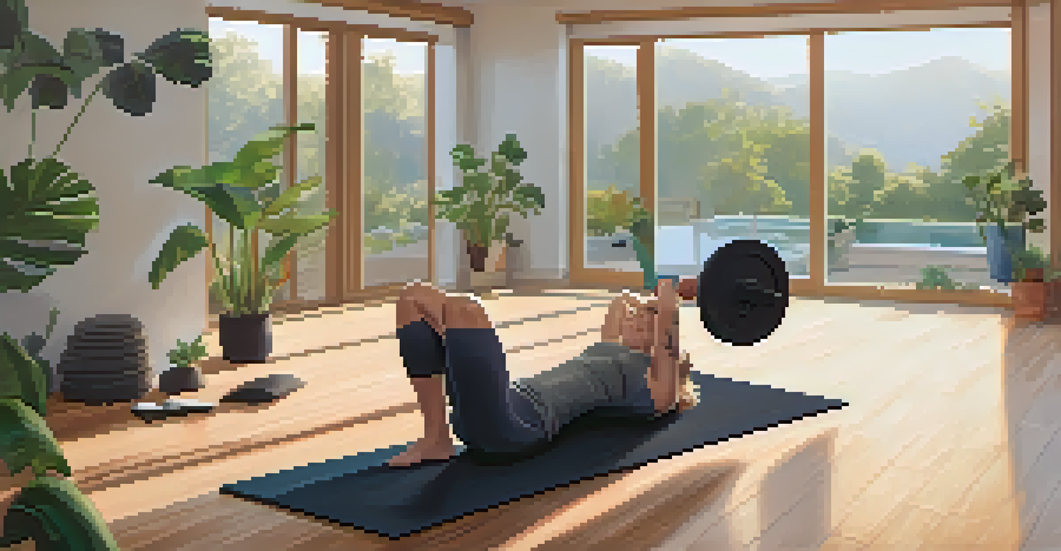 A powerlifter using a foam roller on a yoga mat, promoting recovery in a tranquil home gym setting.
