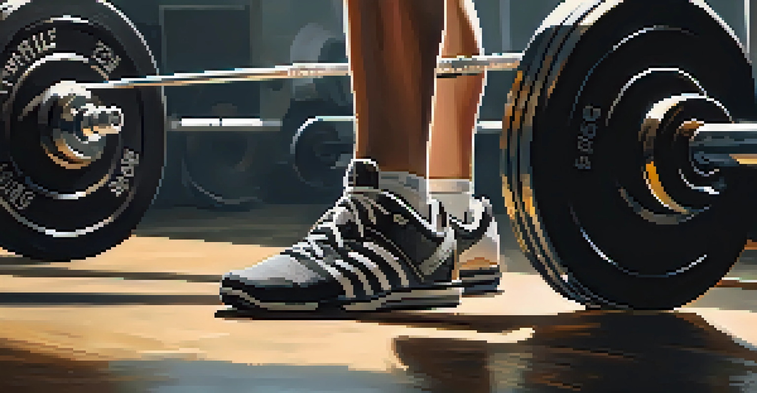 An athlete tying their powerlifting shoes in a gym, with a barbell and weights in the background.